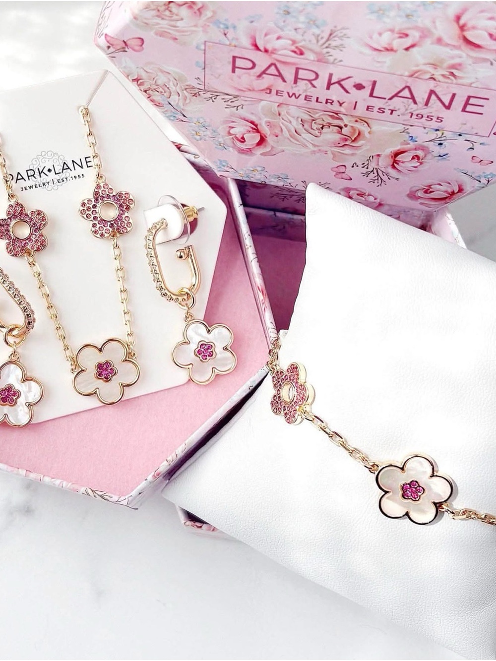 Petunia Set in Gift Box Necklace Bracelet Earrings Mother of Pearl Pink Crystals